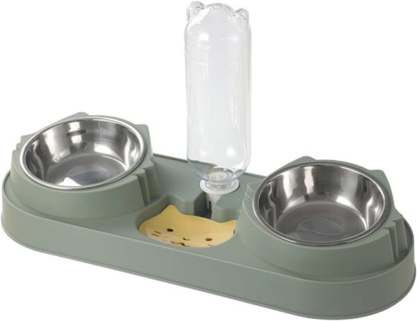 Cat Food Bowl, Triple Cat Bowl, 15°Tilted Raised Cat Bowl, Pets Water and Food Bowl Set with Automatic Water Bottle, Wet and Dry Food Bowl for Cat (green)