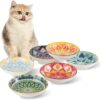 Ceramic Cat Food Bowl Set - 5.5 inch Wide Shallow Cat Bowl for Relief Whisker Fatigue - 6 Colorful Cute Cat Feeding Bowls - Small Flat Cat Dish - Kitten Dishes - Microwave and Dishwasher Safe - 8 oz