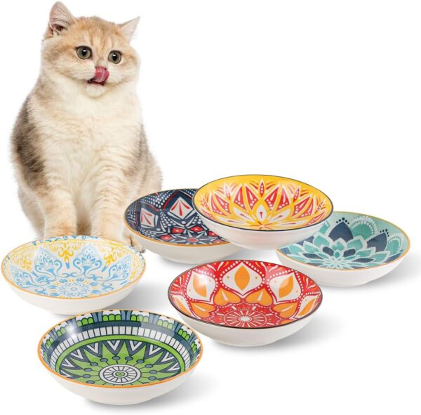 Ceramic Cat Food Bowl Set - 5.5 inch Wide Shallow Cat Bowl for Relief Whisker Fatigue - 6 Colorful Cute Cat Feeding Bowls - Small Flat Cat Dish - Kitten Dishes - Microwave and Dishwasher Safe - 8 oz