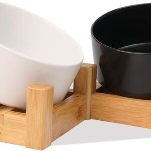 Ceramic Dog Cat Bowls Elevated with Bamboo Stand, ZSTea 15° Tilted Dog Cat Food and Water Bowl Stand, Nonslip Raised Pet Bowls for Small Medium Dogs - 3.5 Cups, 28oz (Natural, Black+White)