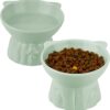 Ceramic Elevated Cat Bowls, 2 Extra Wide Raised Cat Bowls for Food and Water, Shallow Cat Food Dish Whisker Friendly, Anti Vomit Cat Bowls Microwave and Dishwasher Safe, Great Height for Cat (Green)