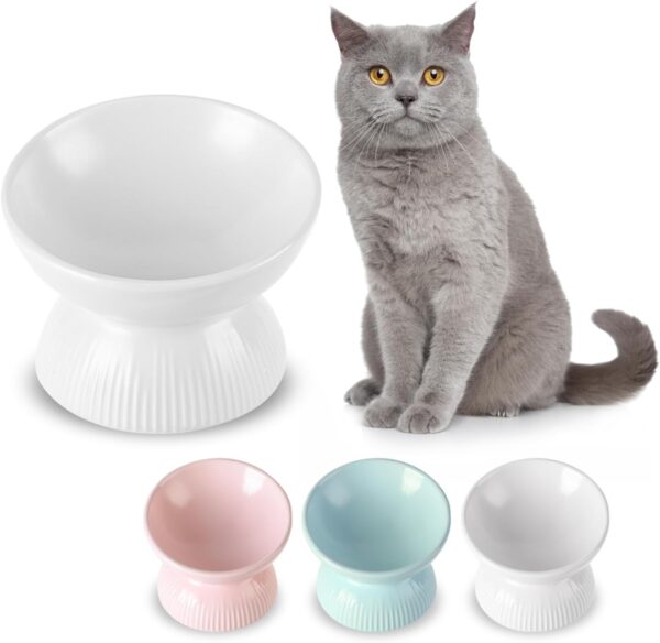 Ceramic Raised Cat Food Bowl - Tilted Elevated Cat Bowl Anti Vomit - 6.1 inch Extra Wide Shallow Cat Feeding Bowls Whisker Friendly - Cat Dishes for Dry Wet Food - Microwave and Dishwasher Safe - 9 oz