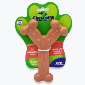 Chew'ems - Durable Dog Chew Toy for Aggressive Chewers - Large Breed Dog - Salmon Flavored - Infused with Vitamins and Minerals - Dental and Digestive Health - Perfect for Big Chewers.