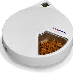 Closer Pets Automatic Pet Feeder | Cat or Small Dog Bowl with Digital Timer | For Wet or Dry Pet Food, up to 330g in Each (formerly Cat Mate) (5 Meal Feeder Stainless Steel Bowl)