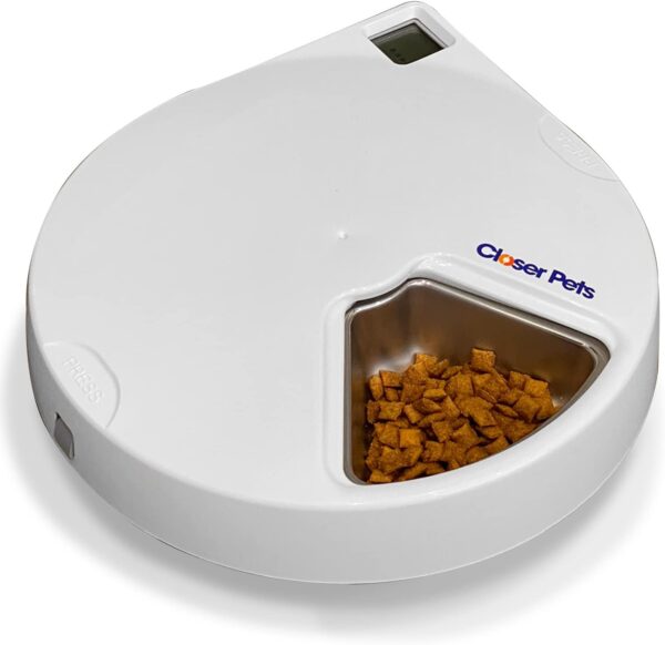 Closer Pets Automatic Pet Feeder | Cat or Small Dog Bowl with Digital Timer | For Wet or Dry Pet Food, up to 330g in Each (formerly Cat Mate) (5 Meal Feeder Stainless Steel Bowl)