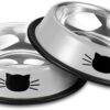 Comsmart Stainless Steel Pet Cat Bowl Puppy Dish Bowl with Cute Cats Painted Non-Skid for Small Dogs Cats (Grey/Grey)
