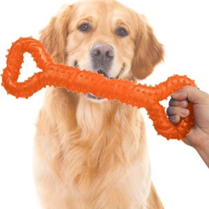 Cyleibe Dog Bones for Aggressive Chewers, Dog Chews Toys Long Lasting, Interactive Dog Bone Toys with Pull Band, Dog Teething Toy 13" Solid Bone Shape for Medium Large Dog - Orange