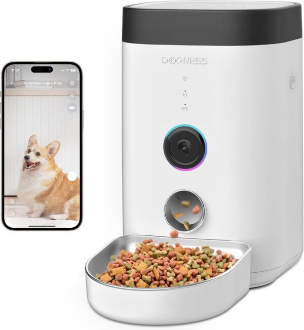 DOGNESS Automatic Cat Feeder with Camera, 5G WiFi Dog Feeder for 4L Dry Food, 1080P HD Video Pet Dispenser with Night Vision, APP Control Two-Way Audio Interacting USB+Battery Dual Power Supply