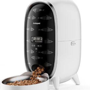 DUDUPET Automatic Cat Feeder- 3L Automatic Cat Feeder with Stainless Steel Bowl, up to 15 Portions/6 Meals Per Day, Sound Recording Function, Suitable for Small Cats and Dogs,Penguin Design