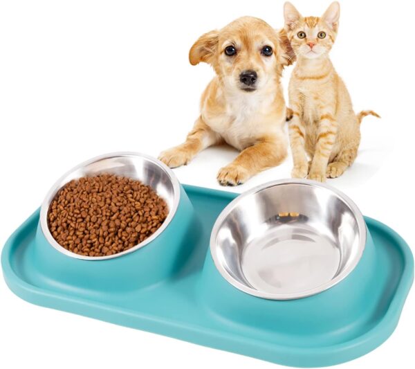 Dog Bowls for Small Dogs & Cats, Pet Dog Bowl with Stainless Steel Dog Bowl Non Slip 15 Degree Tilted Raised Small Cat Double Dog Bowls Puppy Kitty Food and Water Feeding Bowl (Green)