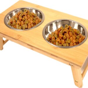 Dog Feeding Station Raised Bamboo, Cat and Pet Bowls Stainless Steel with Wooden Stand and Adjustable Legs, Mess-Free Feeding and Watering Supplies The Perfect Animal Lovers Gift