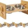 Dog Raised Food Bowl Stand: Height Adjustable Bamboo Elevated Cat Feeder with 2 Stainless Bowls for Small Puppies Pets
