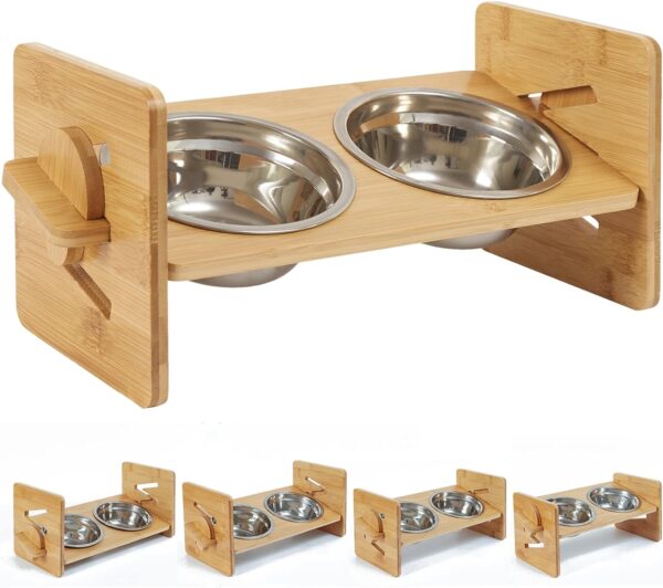 Dog Raised Food Bowl Stand: Height Adjustable Bamboo Elevated Cat Feeder with 2 Stainless Bowls for Small Puppies Pets