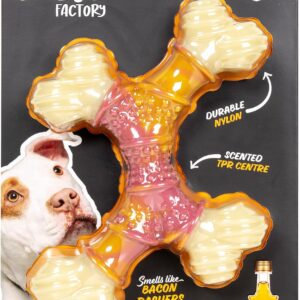 Dog Toy, Tough Nylon Cross Bone Toy, Durable TPR Bacon & Maple Syrup Scented Dental Chew Toy for Medium Large Breed Dogs