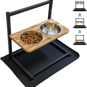 Doggo Store Raised Dog Bowl Set - Elevated Stainless Steel Dog Bowls with Adjustable Stand, Non-Slip Mat, Wooden Plate - Raised Feeding Station for Small to Large Dogs & Puppies