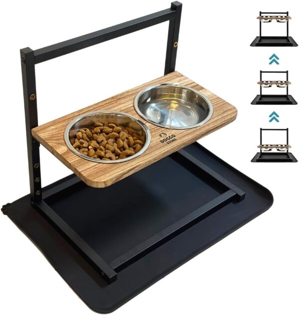 Doggo Store Raised Dog Bowl Set - Elevated Stainless Steel Dog Bowls with Adjustable Stand, Non-Slip Mat, Wooden Plate - Raised Feeding Station for Small to Large Dogs & Puppies