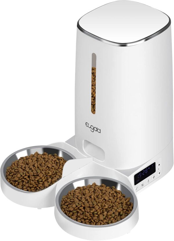 EUGAD Automatic Cat Feeder 4L, Cat and Dog Food Dispenser with 2 Stainless Steel Bowls, Portion Control, Timer, Programmable Feeder Up to 6 Meals per Day and 360g per Meal, Washable, White, 0002WSQ-UK