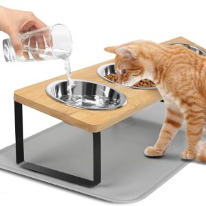 Elevated Cat Bowls with Non Slip Mat, 15° Tilted Raised Anti Vomit Cat Feeder for Food and Water, Pet Feeding Station with 3 Stainless Steel Bowls