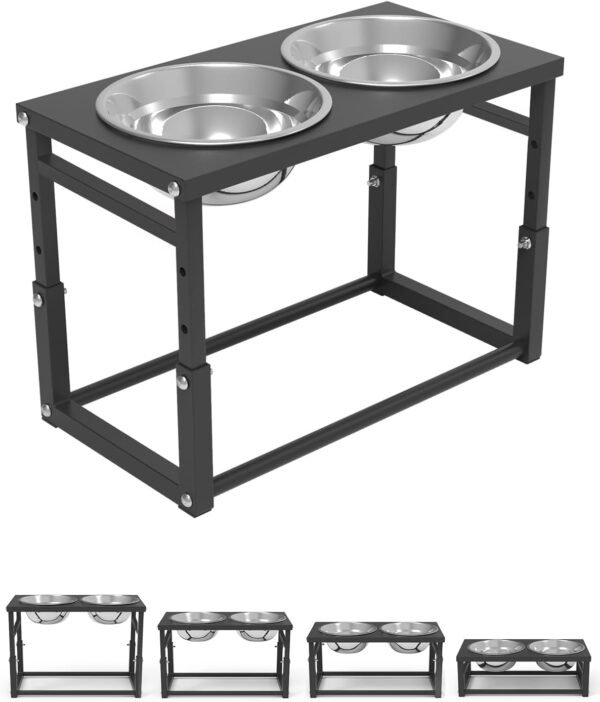 Elevated Dog Bowls, 4 Height Adjustable Metal Pet Raised Feeding Dog Bowls Stand with 2 Stainless Steel Dog Food & Water Bowls for Medium & Large Sized Dogs/Cats