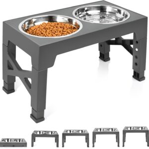 Elevated Dog Bowls, Raised Dog Bowl with Adjustable Stand, Double Dog Food and Water Bowl for Small Medium Large Dogs or Cat, 5 Heights 3.15”, 8.66”, 9.84”,11.02”,12.2” (Grey)