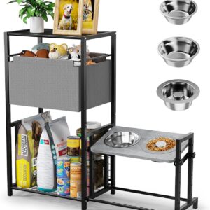 Elevated Dog Bowls with Storage, 6 Heights & Tiltable Raised Dog Bowl W Toy Bin Basket - 3 Stainless Steel Bowls - Pet Feeding Station W Food Cabinet Organizer for Small and Medium Breed