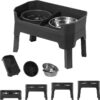 FOREYY 4-in-1 Adjustable Elevated Dog Bowls with Slow Feeder, 4 Height Non Slip Raised Dog Bowl Stand with 2 Stainless Steel Food Water Bowls & Licking Plate for Small Medium Large Pets (Grey)
