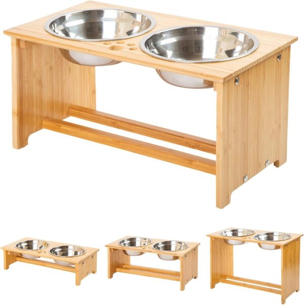 FOREYY Raised Dog Bowls for Cats and Dogs - Bamboo Elevated Dog Cat Food and Water Bowls Stands Feeder Dishes with 2 Stainless Steel Bowls and Anti Slip Feet (Large - 25.4 cm high)