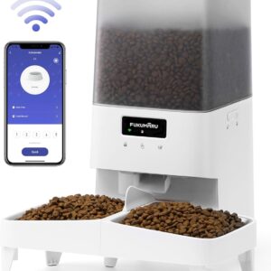 FUKUMARU Automatic Cat Feeder, 5L Cat Feeder WiFi with Double Bowl, Automatic Cat Feeder with Tailored Schedule, Battery Operated & Wired Electrics, White, Large