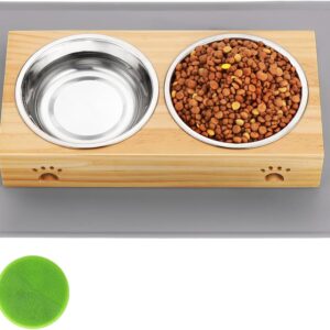 Faankiton Raised Dog Cat Bowl, 2 Stainless steel Dog Bowls with Stand for Small Dogs, Puppy, Medium Dogs,Bamboo Pet Feeding Station, Cat Water Bowl with Non Slip Waterproof Bowl Mat (350ml per bowl）