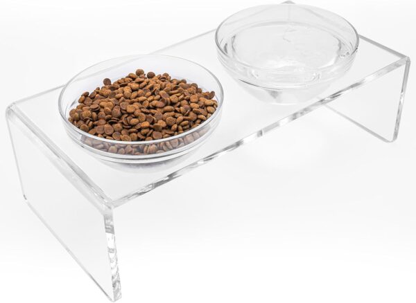 Feoyoho Acrylic Elevated Dog Cat Bowls Pet Feeder Double Bowl Raised Stand Comes with 2 Removable Glass Bowls and 2 Stainless Steel Bowls.Perfect for Large Dogs, 7.2" Tall