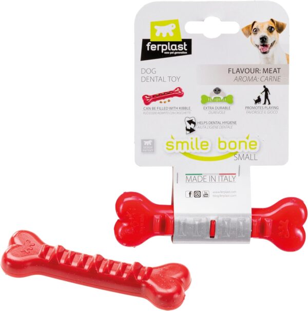 Ferplast Dog Toy, Dog Treat Dispenser Bone, Chew Toy, Made of Durable Material, Meat Flavoured, for Dog Dental Hygiene, SMILE Dog Bone, Small Dog Toys, Red