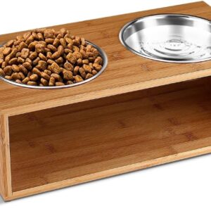 Flexzion Elevated Dog Bowl Stand Raised Dog Bowl Holder Pet Feeding Station Dish Riser 18 Oz 6-Inch Tall Food and Water Platform Stainless Steel Raised Food Bowl for Dogs and Cats with Wooden Stand