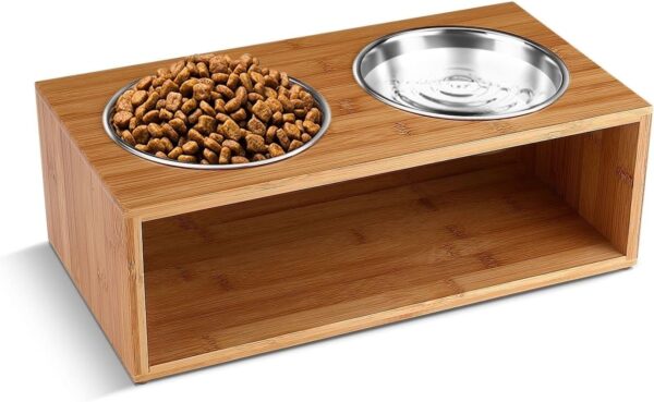 Flexzion Elevated Dog Bowl Stand Raised Dog Bowl Holder Pet Feeding Station Dish Riser 18 Oz 6-Inch Tall Food and Water Platform Stainless Steel Raised Food Bowl for Dogs and Cats with Wooden Stand