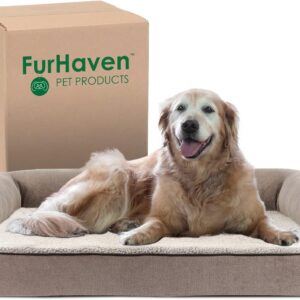 Furhaven Cooling Gel Dog Bed for Large Dogs w/Removable Bolsters & Washable Cover, For Dogs Up to 95 lbs - Sherpa & Chenille Sofa - Cream, Jumbo/XL