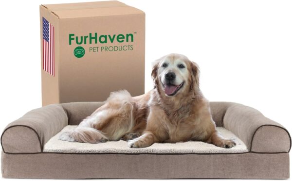 Furhaven Cooling Gel Dog Bed for Large Dogs w/Removable Bolsters & Washable Cover, For Dogs Up to 95 lbs - Sherpa & Chenille Sofa - Cream, Jumbo/XL