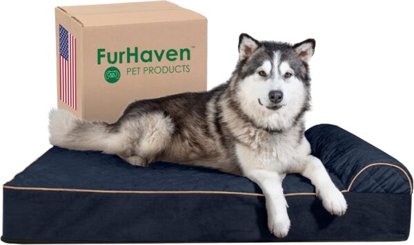 Furhaven Orthopedic Dog Bed for Extra Large Dogs w/Bonus Water-Resistant Liner & Removable Washable Cover, For Dogs Up to 300 lbs - Goliath Quilted Faux Fur & Velvet Bolster Chaise - Dark Blue, 3XL