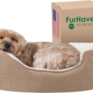 Furhaven Orthopedic Dog Bed for Small Dogs w/Removable Washable Cover, For Dogs Up to 12 lbs - Sherpa & Suede Oval Lounger - Clay, Small