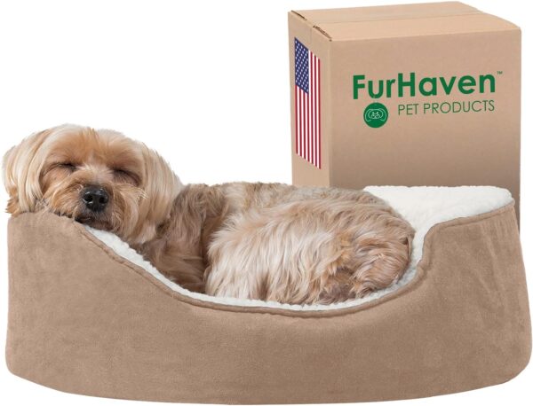 Furhaven Orthopedic Dog Bed for Small Dogs w/Removable Washable Cover, For Dogs Up to 12 lbs - Sherpa & Suede Oval Lounger - Clay, Small