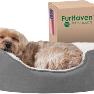 Furhaven Small Orthopedic Dog Bed Sherpa & Suede Oval Lounger w/Removable Washable Cover - Gray, Small