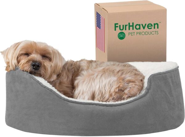 Furhaven Small Orthopedic Dog Bed Sherpa & Suede Oval Lounger w/Removable Washable Cover - Gray, Small