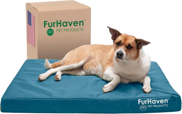 Furhaven Water-Resistant Cooling Gel Dog Bed for Large/Medium Dogs w/Removable Washable Cover, For Dogs Up to 55 lbs - Indoor/Outdoor Logo Print Oxford Polycanvas Mattress - Deep Lagoon, Large