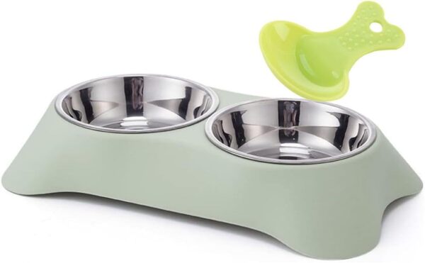 Fuwok Double Dog Bowl,Non Slip Non-spill Stainless Steel Double Bowl with 1 Pet Food Spoop For Small Dogs and Cats (S, Green)