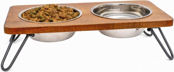 Fuzzl Premium Raised Double Diner Dog Bowl with Elegant Hardwood Stand - Ultra Clean Stainless Steel, Raised Bowl for Better Posture and Digestion - Versatile Dog Water Bowl for Hydration