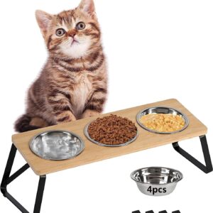 GHIAKQYT Raised Cat Feeding Station, Cat Bowl on Wooden Bowl Stand, Cat Feeding Bowl, Raised with 4 Stainless Steel Bowls, Feeding Bowl for Water Food, Feeding Bowls for Cats and Puppies