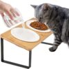 GUUSII HOME Raised Cat Food Bowl Elevated Kitty Dish 2 Ceramic Bowls Dia 14cm Bamboo Stand 15°Tilted Anti Vomiting Indoor Cats Double Dishes Feeding Station Kitten Puppy Easy to Assemble & Clean