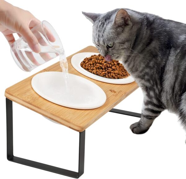 GUUSII HOME Raised Cat Food Bowl Elevated Kitty Dish 2 Ceramic Bowls Dia 14cm Bamboo Stand 15°Tilted Anti Vomiting Indoor Cats Double Dishes Feeding Station Kitten Puppy Easy to Assemble & Clean