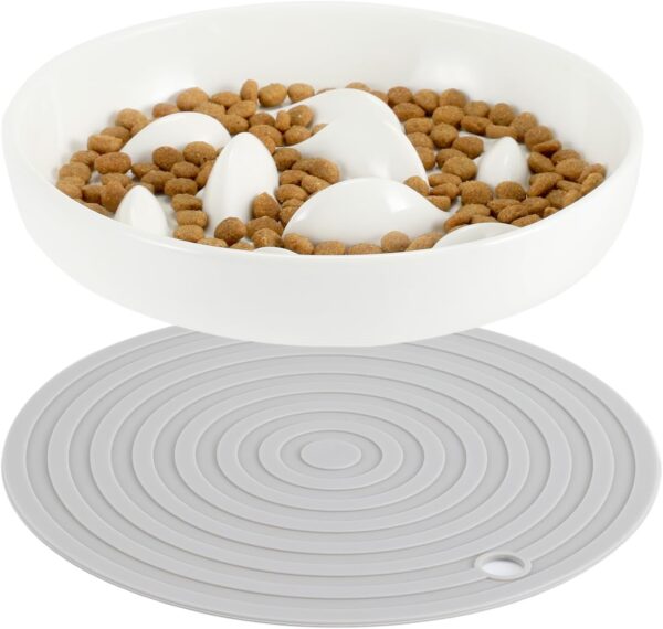 HAPPY HACHI Ceramic Cat Slow Feeder Bowl, Anti-Gulping Pet Slow Eating, With Anti-Slip Pad, Slow Feeder Cat Food Bowl Wet Food, Cat Food Bowl Eating Interactive for Puppy Kitten (White)