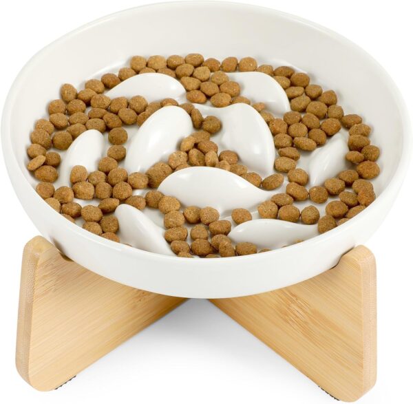 HAPPY HACHI Raised Cat Bowl, Ceramic Slow Feeder Cat Bowl, with Wooden Stand, Elevated Cat Slow Eating bowl Wet Food with Non-Slip Strip, Cat Food Bowl Eating Interactive for Puppies Kittens (White)