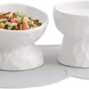 HCHLQLZ White Ceramic Cat Food and Water Bowl Set,Cat Food Dish with Stand,Elevated Cat Bowls,Raised Cat Food Bowls Anti Vomiting,Pet Bowl with Anti Slip Mat,Stress Free for Cats and Small Dogs