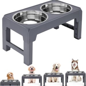 HDYEGIOU Elevated Dog Bowl, Rasied Dog Bowl with 2 Stainless Steel Dog Bowls,4 Heights Adjustable for Small Medium Large Dogs and Pets,Grey